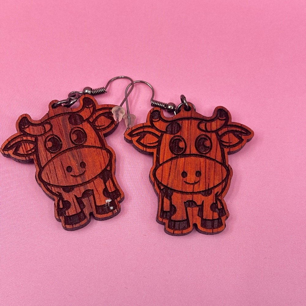 Wooden Cow Dangle Earrings Cute Farm Animal Western Country Cottagecore Gift